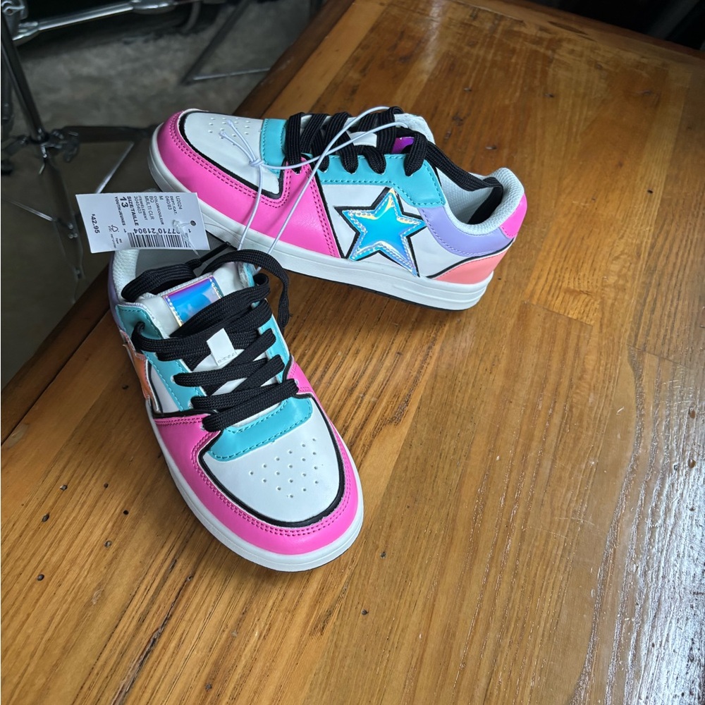 NWT size 13 The Children's Place Pink and Blue Star Sneakers Vibrant Design